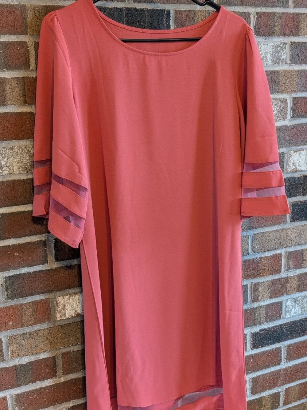 LookbookStore Coral Pink Mesh Stripe Bell Sleeve Shift Tunic Dress - Women's L
